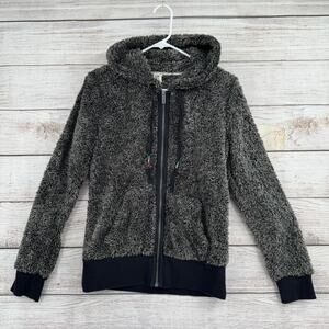 Roxy Big World Full Zip Fuzzy Hoodie Sweatshirt Womens XS Black Gray Faux Fur